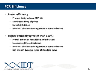 12
PCR Efficiency
 Lower efficiency
 Primers designed on a SNP site
 Lower sensitivity of probe
 Sample inhibition
 Incorrect dilutions causing errors in standard curve
 Higher efficiency (greater than 110%)
 Primer dimers or nonspecific amplification
 Incomplete DNase treatment
 Incorrect dilutions causing errors in standard curve
 Not enough dynamic range of standard curve
 