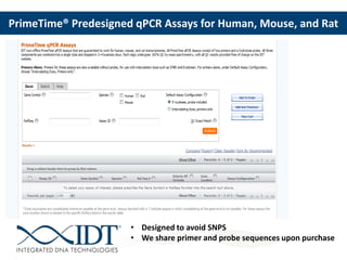 PrimeTime® Predesigned qPCR Assays for Human, Mouse, and Rat
• Designed to avoid SNPS
• We share primer and probe sequences upon purchase
 
