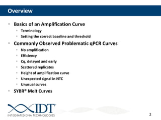 2
Overview
 Basics of an Amplification Curve
 Terminology
 Setting the correct baseline and threshold
 Commonly Observed Problematic qPCR Curves
 No amplification
 Efficiency
 Cq, delayed and early
 Scattered replicates
 Height of amplification curve
 Unexpected signal in NTC
 Unusual curves
 SYBR® Melt Curves
 