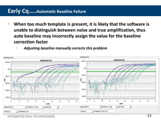 23
Early Cq…..Automatic Baseline Failure
 When too much template is present, it is likely that the software is
unable to distinguish between noise and true amplification, thus
auto baseline may incorrectly assign the value for the baseline
correction factor
 Adjusting baseline manually corrects this problem
 