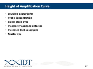 27
Height of Amplification Curve
 Lowered background
 Probe concentration
 Signal bleed over
 Incorrectly assigned detector
 Increased ROX in samples
 Master mix
 
