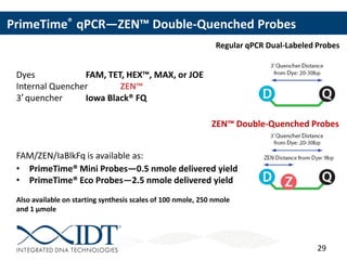 29
Regular qPCR Dual-Labeled Probes
ZEN™ Double-Quenched Probes
Dyes FAM, TET, HEX™, MAX, or JOE
Internal Quencher ZEN™
3′ quencher Iowa Black® FQ
FAM/ZEN/IaBlkFq is available as:
• PrimeTime® Mini Probes—0.5 nmole delivered yield
• PrimeTime® Eco Probes—2.5 nmole delivered yield
Also available on starting synthesis scales of 100 nmole, 250 nmole
and 1 µmole
PrimeTime® qPCR—ZEN™ Double-Quenched Probes
 