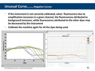 41
Unusual Curve……..Negative Curves
 If the instrument is not correctly calibrated, when fluorescence due to
amplification increases in a given channel, the fluorescence attributed to
background increases, while fluorescence attributed to the other dyes may
be decreased by the instrument
 Calibrate the machine again for all the dyes being used
 
