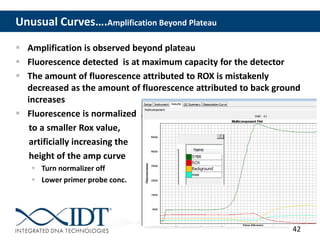42
Unusual Curves….Amplification Beyond Plateau
 Amplification is observed beyond plateau
 Fluorescence detected is at maximum capacity for the detector
 The amount of fluorescence attributed to ROX is mistakenly
decreased as the amount of fluorescence attributed to back ground
increases
 Fluorescence is normalized
to a smaller Rox value,
artificially increasing the
height of the amp curve
 Turn normalizer off
 Lower primer probe conc.
 