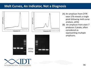 46
Melt Curves, An Indicator, Not a Diagnosis
(A) An amplicon from CFTR
exon 17b reveals a single
peak following melt curve
analysis, while
(B) An amplicon from exon 7
produces 2 peaks, often
considered as
representing multiple
amplicons.
 
