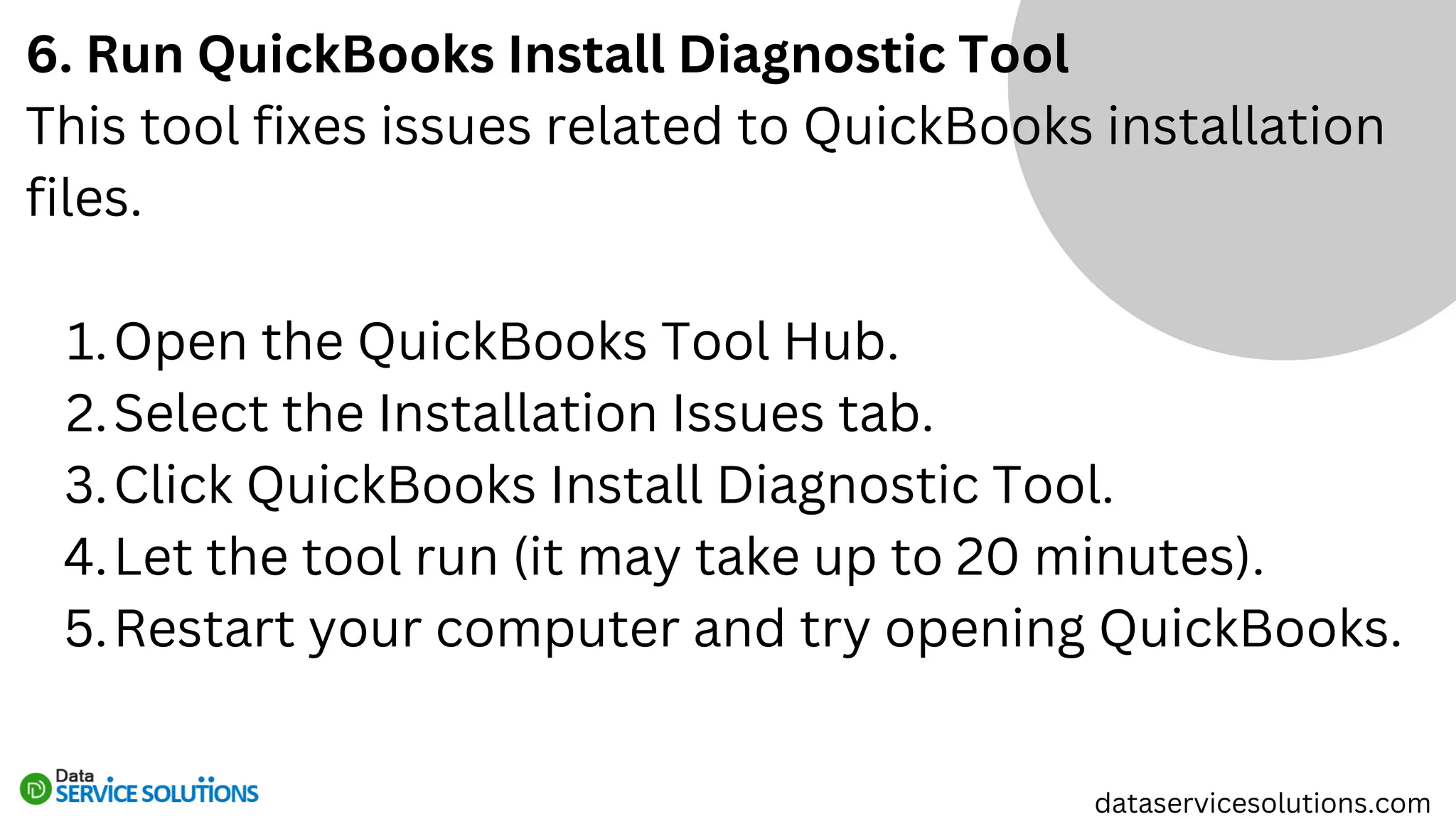 6. Run QuickBooks Install Diagnostic Tool
This tool fixes issues related to QuickBooks installation
files.
Open the QuickBooks Tool Hub.
1.
Select the Installation Issues tab.
2.
Click QuickBooks Install Diagnostic Tool.
3.
Let the tool run (it may take up to 20 minutes).
4.
Restart your computer and try opening QuickBooks.
5.
dataservicesolutions.com
 