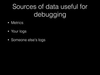 Sources of data useful for
debugging
• Metrics
• Your logs
• Someone else's logs
 
