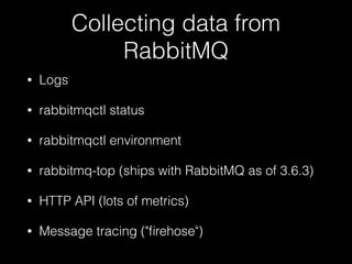 Collecting data from
RabbitMQ
• Logs
• rabbitmqctl status
• rabbitmqctl environment
• rabbitmq-top (ships with RabbitMQ as of 3.6.3)
• HTTP API (lots of metrics)
• Message tracing ("ﬁrehose")
 