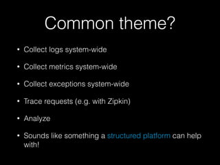 Common theme?
• Collect logs system-wide
• Collect metrics system-wide
• Collect exceptions system-wide
• Trace requests (e.g. with Zipkin)
• Analyze
• Sounds like something a structured platform can help
with!
 