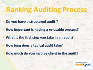 Ranking Auditing Process 
Do you have a structured audit ? 
How important is having a re-usable process? 
What is the first step you take in an audit? 
How long does a typical audit take? 
How much do you involve client in the audit? 
 