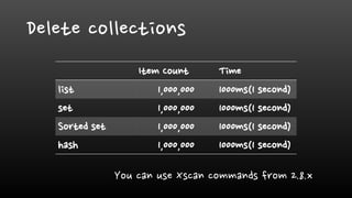 Delete collections
Item Count Time
list 1,000,000 1000ms(1 second)
set 1,000,000 1000ms(1 second)
Sorted set 1,000,000 1000ms(1 second)
hash 1,000,000 1000ms(1 second)
You can use Xscan commands from 2.8.x
 