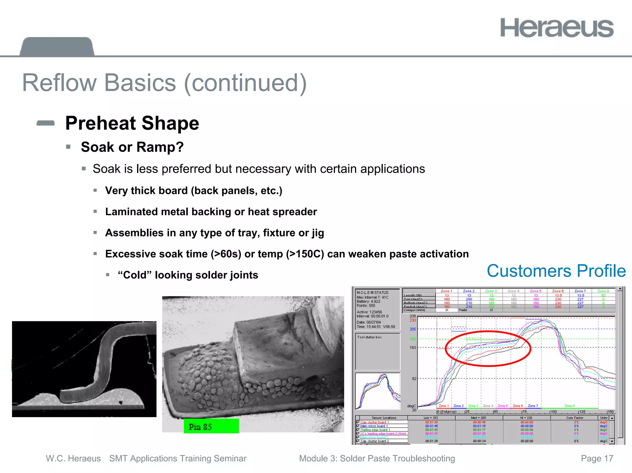 Page 17
W.C. Heraeus SMT Applications Training Seminar Module 3: Solder Paste Troubleshooting
Reflow Basics (continued)
Preheat Shape
ƒ Soak or Ramp?
ƒ Soak is less preferred but necessary with certain applications
ƒ Very thick board (back panels, etc.)
ƒ Laminated metal backing or heat spreader
ƒ Assemblies in any type of tray, fixture or jig
ƒ Excessive soak time (>60s) or temp (>150C) can weaken paste activation
ƒ “Cold” looking solder joints Customers Profile
 