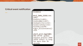 Critical event notification
Copyright © 2019 Oracle and/or its affiliates.
Evidence
Orcl_lmhb_23242.trc
(15):
ksedsts()+465<-
kjzdssdmp()+267<-
kjzduptcctx()+232<-
kjzdicrshnfy()+63<-
ksuitm()+5570<-
kjgcr_KillInstance()
+125
alert_orcl.log(140):
ORA-29770: global
enqueue process LMS0
(OSID 11912) is hung
for more than 70
seconds
 