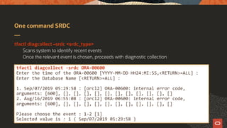 One command SRDC
tfactl diagcollect –srdc <srdc_type>
Scans system to identify recent events
Once the relevant event is chosen, proceeds with diagnostic collection
tfactl diagcollect -srdc ORA-00600
Enter the time of the ORA-00600 [YYYY-MM-DD HH24:MI:SS,<RETURN>=ALL] :
Enter the Database Name [<RETURN>=ALL] :
1. Sep/07/2019 05:29:58 : [orcl2] ORA-00600: internal error code,
arguments: [600], [], [], [], [], [], [], [], [], [], [], []
2. Aug/16/2019 06:55:08 : [orcl2] ORA-00600: internal error code,
arguments: [600], [], [], [], [], [], [], [], [], [], [], []
Please choose the event : 1-2 [1]
Selected value is : 1 ( Sep/07/2019 05:29:58 )
 