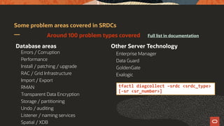 Some problem areas covered in SRDCs
Database areas
Errors / Corruption
Performance
Install / patching / upgrade
RAC / Grid Infrastructure
Import / Export
RMAN
Transparent Data Encryption
Storage / partitioning
Undo / auditing
Listener / naming services
Spatial / XDB
Other Server Technology
Enterprise Manager
Data Guard
GoldenGate
Exalogic
Full list in documentationAround 100 problem types covered
tfactl diagcollect –srdc <srdc_type>
[-sr <sr_number>]
 