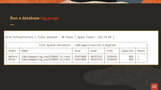 Run a database log purge
...
Grid Infrastructure [ Files deleted : 18 files | Space Freed : 253.75 KB ]
.-----------------------------------------------------------------------------------------------.
| File System Variation : /u01/app/crsusr/12.2.0/grid2 |
+--------+-----------------------------------+----------+----------+---------+----------+-------+
| State | Name | Size | Used | Free | Capacity | Mount |
+--------+-----------------------------------+----------+----------+---------+----------+-------+
| Before | /dev/mapper/vg_rws1270665-lv_root | 51475068 | 46597152 | 2256476 | 96% | / |
| After | /dev/mapper/vg_rws1270665-lv_root | 51475068 | 46597152 | 2256476 | 96% | / |
'--------+-----------------------------------+----------+----------+---------+----------+-------'
 