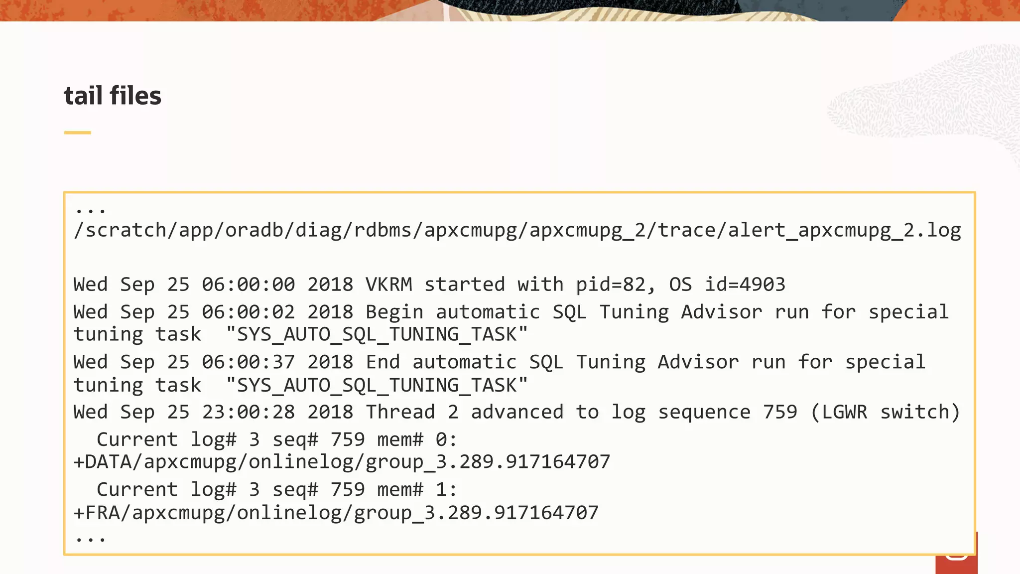 tail files
...
/scratch/app/oradb/diag/rdbms/apxcmupg/apxcmupg_2/trace/alert_apxcmupg_2.log
Wed Sep 25 06:00:00 2018 VKRM started with pid=82, OS id=4903
Wed Sep 25 06:00:02 2018 Begin automatic SQL Tuning Advisor run for special
tuning task "SYS_AUTO_SQL_TUNING_TASK"
Wed Sep 25 06:00:37 2018 End automatic SQL Tuning Advisor run for special
tuning task "SYS_AUTO_SQL_TUNING_TASK"
Wed Sep 25 23:00:28 2018 Thread 2 advanced to log sequence 759 (LGWR switch)
Current log# 3 seq# 759 mem# 0:
+DATA/apxcmupg/onlinelog/group_3.289.917164707
Current log# 3 seq# 759 mem# 1:
+FRA/apxcmupg/onlinelog/group_3.289.917164707
...
 