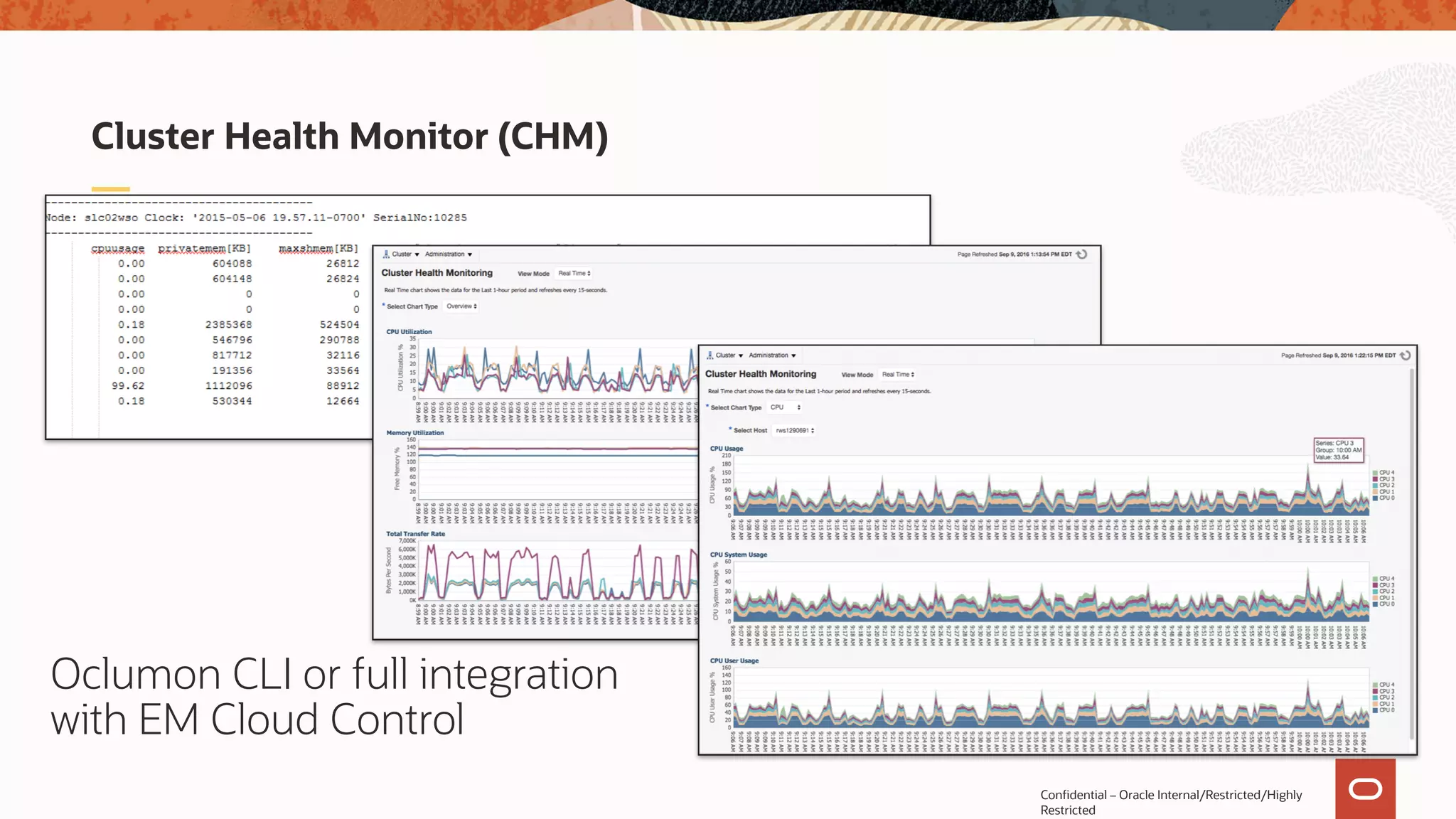 Cluster Health Monitor (CHM)
Confidential – Oracle Internal/Restricted/Highly
Restricted
Oclumon CLI or full integration
with EM Cloud Control
 