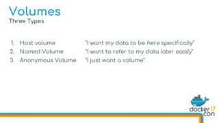 Three Types
1. Host volume "I want my data to be here specifically"
2. Named Volume "I want to refer to my data later easily"
3. Anonymous Volume "I just want a volume"
Volumes
 