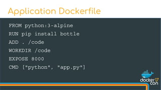 FROM python:3-alpine
RUN pip install bottle
ADD . /code
WORKDIR /code
EXPOSE 8000
CMD ["python", "app.py"]
Application Dockerfile
 