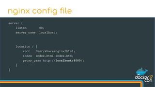 server {
listen 80;
server_name localhost;
location / {
root /usr/share/nginx/html;
index index.html index.htm;
proxy_pass http://localhost:8000/;
}
}
nginx config file
 