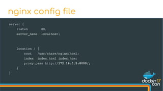 server {
listen 80;
server_name localhost;
location / {
root /usr/share/nginx/html;
index index.html index.htm;
proxy_pass http://172.18.0.5:8000/;
}
}
nginx config file
 