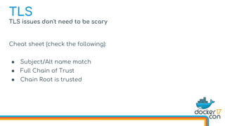 TLS issues don't need to be scary
Cheat sheet (check the following):
● Subject/Alt name match
● Full Chain of Trust
● Chain Root is trusted
TLS
 
