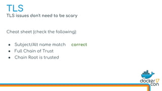 TLS issues don't need to be scary
Cheat sheet (check the following):
● Subject/Alt name match correct
● Full Chain of Trust
● Chain Root is trusted
TLS
 