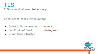 TLS issues don't need to be scary
Cheat sheet (check the following):
● Subject/Alt name match correct
● Full Chain of Trust missing root
● Chain Root is trusted
TLS
 