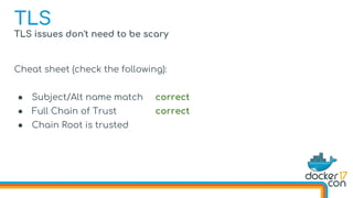 TLS issues don't need to be scary
Cheat sheet (check the following):
● Subject/Alt name match correct
● Full Chain of Trust correct
● Chain Root is trusted
TLS
 