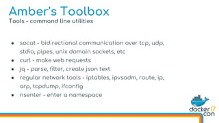 Tools - command line utilities
● socat - bidirectional communication over tcp, udp,
stdio, pipes, unix domain sockets, etc
● curl - make web requests
● jq - parse, filter, create json text
● regular network tools - iptables, ipvsadm, route, ip,
arp, tcpdump, ifconfig
● nsenter - enter a namespace
Amber's Toolbox
 