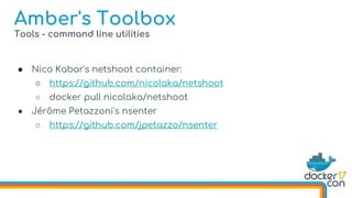 Tools - command line utilities
● Nico Kabar's netshoot container:
○ https://github.com/nicolaka/netshoot
○ docker pull nicolaka/netshoot
● Jérôme Petazzoni's nsenter
○ https://github.com/jpetazzo/nsenter
Amber's Toolbox
 