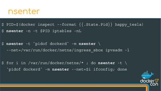 $ PID=$(docker inspect --format {{.State.Pid}} happy_tesla)
$ nsenter -n -t $PID iptables -nL
$ nsenter -t `pidof dockerd` -m nsenter 
--net=/var/run/docker/netns/ingress_sbox ipvsadm -l
$ for i in /var/run/docker/netns/* ; do nsenter -t 
`pidof dockerd` -m nsenter --net=$i ifconfig; done
nsenter
 