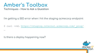 Techniques - How to Ask a Question
Amber's Toolbox
I'm getting a 502 error when I hit the staging acmecorp endpoint
$ curl -vkL https://staging.internal.acmecorp.com/_ping/
…
Is there a deploy happening now?
 