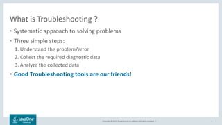 Copyright © 2017, Oracle and/or its affiliates. All rights reserved. |
What is Troubleshooting ?
• Systematic approach to solving problems
• Three simple steps:
1. Understand the problem/error
2. Collect the required diagnostic data
3. Analyze the collected data
• Good Troubleshooting tools are our friends!
3
 