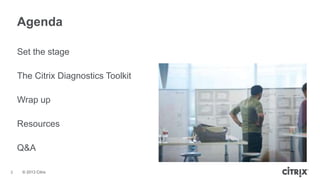 © 2013 Citrix
Agenda
3
Set the stage
The Citrix Diagnostics Toolkit
Wrap up
Resources
Q&A
 