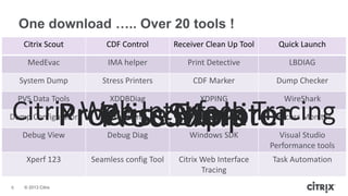 © 2013 Citrix
One download ….. Over 20 tools !
6
Citrix Scout
CDF Control
Receiver Clean Up Tool
Quick Launch
MedEvac
IMA helper
Citrix Scout CDF Control Receiver Clean Up Tool Quick Launch
MedEvac IMA helper Print Detective LBDIAG
System Dump Stress Printers CDF Marker Dump Checker
PVS Data Tools XDDBDiag XDPING WireShark
Dump Configurator Procdump Process Explorer Process Monitor
Debug View Debug Diag Windows SDK Visual Studio
Performance tools
Xperf 123 Seamless config Tool Citrix Web Interface
Tracing
Task Automation
Procdump
Process Explorer
Process Monitor
WireShark
Citrix Web Interface Tracing
 