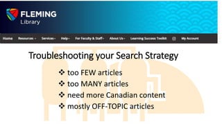 Troubleshooting your Search Strategy
 too FEW articles
 too MANY articles
 need more Canadian content
 mostly OFF-TOPIC articles
 