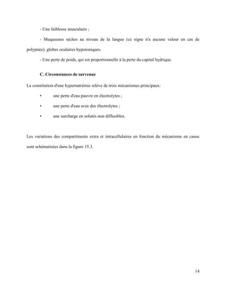 14
- Une faiblesse musculaire ;
- Muqueuses sèches au niveau de la langue (ce signe n'a aucune valeur en cas de
polypnée); globes oculaires hypotoniques.
- Une perte de poids, qui est proportionnelle à la perte du capital hydrique.
C. Circonstances de survenue
La constitution d'une hypernatrémie relève de trois mécanismes principaux:
• une perte d'eau pauvre en électrolytes ;
• une perte d'eau avec des électrolytes ;
• une surcharge en solutés non diffusibles.
Les variations des compartiments extra et intracellulaires en fonction du mécanisme en cause
sont schématisées dans la figure 15.3.
 