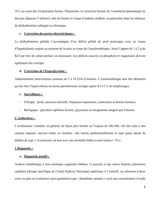 6
10 L au cours des 24 premières heures. Néanmoins, la correction horaire de l’osmolarité plasmatique ne
doit pas dépasser 5 mOsm/L afin de limiter le risque d’œdème cérébral, en particulier dans les tableaux
de déshydratation subaiguë ou chronique.
c. Correction des pertes électrolytiques :
La déshydratation globale s’accompagne d’un déficit global du pool potassique avec un risque
d’hypokaliémie majoré au moment de la mise en route de l’insulinothérapie. Ainsi l’apport de 1 à 2 g de
KCl par litre de soluté perfusé est nécessaire. Les déficits associés en phosphore et magnésium doivent
également être corrigés.
d. Correction de l’hyperglycémie :
Administration intraveineuse continue de 5 à 10 UI/h d’insuline. L’insulinothérapie doit être démarrée
qu’une fois l’hypovolémie au moins partiellement corrigée (après 0,5 à 1 L de remplissage).
e. Surveillance :
- Clinique : pouls, pression artérielle, fréquence respiratoire, conscience et diurèse horaires.
- Biologique : glycémie capillaire horaire, glycosurie et ionogramme sanguin par 4 heures.
C Acidocétose :
L’acidocétose s’installe, en général, de façon plus brutale en l’espace de 24h-48h, elle fait suite à une
carence majeure, souvent totale, en insuline ; elle touche préférentiellement le sujet jeune atteint de
diabète de type 1, le pronostic est bon avec une mortalité faible à court terme (< 5%).
1 Diagnostic :
a. Diagnostic positif :
Acidose métabolique à trou anionique augmenté (tableau 1) associée à une cétose franche (cétonémie
capillaire [dosage spécifique de l’acide hydroxy butyrique] supérieure à 3 mmol/L ou cétonurie à deux
croix ou plus en évaluation semi-quantitative par « bandelette urinaire » [soit une concentration d’acide
 