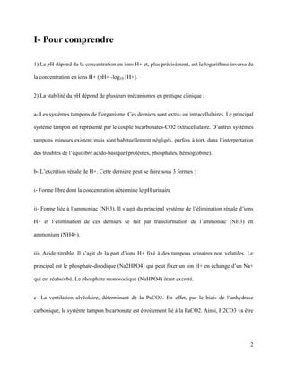 2
I- Pour comprendre
1) Le pH dépend de la concentration en ions H+ et, plus précisément, est le logarithme inverse de
la concentration en ions H+ (pH= -log10 [H+].
2) La stabilité du pH dépend de plusieurs mécanismes en pratique clinique :
a- Les systèmes tampons de l’organisme. Ces derniers sont extra- ou intracellulaires. Le principal
système tampon est représenté par le couple bicarbonates-CO2 extracellulaire. D’autres systèmes
tampons mineurs existent mais sont habituellement négligés, parfois à tort, dans l’interprétation
des troubles de l’équilibre acido-basique (protéines, phosphates, hémoglobine).
b- L’excrétion rénale de H+. Cette dernière peut se faire sous 3 formes :
i- Forme libre dont la concentration détermine le pH urinaire
ii- Forme liée à l’ammoniac (NH3). Il s’agit du principal système de l’élimination rénale d’ions
H+ et l’élimination de ces derniers se fait par transformation de l’ammoniac (NH3) en
ammonium (NH4+).
iii- Acide titrable. Il s’agit de la part d’ions H+ fixé à des tampons urinaires non volatiles. Le
principal est le phosphate-disodique (Na2HPO4) qui peut fixer un ion H+ en échange d’un Na+
qui est réabsorbé. Le phosphate monosodique (NaHPO4) étant excrété.
c- La ventilation alvéolaire, déterminant de la PaCO2. En effet, par le biais de l’anhydrase
carbonique, le système tampon bicarbonate est étroitement lié à la PaCO2. Ainsi, H2CO3 va être
 