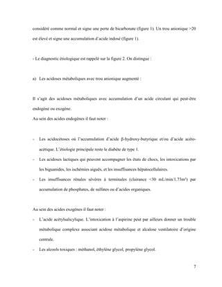 7
considéré comme normal et signe une perte de bicarbonate (figure 1). Un trou anionique >20
est élevé et signe une accumulation d’acide indosé (figure 1).
- Le diagnostic étiologique est rappelé sur la figure 2. On distingue :
a) Les acidoses métaboliques avec trou anionique augmenté :
Il s’agit des acidoses métaboliques avec accumulation d’un acide circulant qui peut-être
endogène ou exogène.
Au sein des acides endogènes il faut noter :
- Les acidocétoses où l’accumulation d’acide -hydroxy-butyrique et/ou d’acide acéto-
acétique. L’étiologie principale reste le diabète de type 1.
- Les acidoses lactiques qui peuvent accompagner les états de chocs, les intoxications par
les biguanides, les ischémies aiguës, et les insuffisances hépatocellulaires.
- Les insuffisances rénales sévères à terminales (clairance <30 mL/min/1.73m²) par
accumulation de phosphates, de sulfates ou d’acides organiques.
Au sein des acides exogènes il faut noter :
- L’acide acétylsalicylique. L’intoxication à l’aspirine peut par ailleurs donner un trouble
métabolique complexe associant acidose métabolique et alcalose ventilatoire d’origine
centrale.
- Les alcools toxiques : méthanol, éthylène glycol, propylène glycol.
 