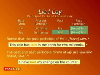 Lie / Lay

Principal Parts of Lie and Lay
Base
Form

Present
Participle

Past

Past
Participle

lie

[is] lying

lay

[is] laying

lay
laid
laid

[have] lain
[have] lain
[have] laid
[have] laid

Notice that the past participle of lie is [have] lain.
This coin has lain in the earth for two millennia.

The past and past participle forms of lay are laid and
[have] laid.
I have laid my change on the counter.
Dad laid the blanket across his lap.

 