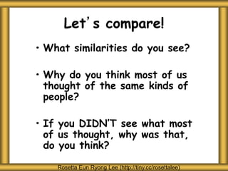 Let’s compare!
• What similarities do you see?
• Why do you think most of us
thought of the same kinds of
people?
• If you DIDN’T see what most
of us thought, why was that,
do you think?
Rosetta Eun Ryong Lee (http://tiny.cc/rosettalee)
 