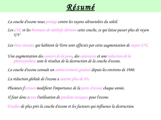 Résumé
La couche d'ozone nous protège contre les rayons ultraviolets du soleil.
Les CFC et les bromures de méthyle détruire cette couche, ce qui laisse passer plus de rayon
UV
Les êtres vivants qui habitent la Terre sont affectés par cette augmentation de rayon UV.
Une augmentation des cancers de la peau, des cataractes et une réduction de la
photosynthèse sont le résultat de la destruction de la couche d'ozone.
La couche d'ozone connaît un amincissement graduel depuis les environs de 1980.
La réduction globale de l'ozone a atteint plus de 6%.
Plusieurs facteurs modifient l'importance de la perte d'ozone chaque année.
Il faut donc cesser l'utilisation de produits toxiques pour l'ozone.
Étudier de plus près la couche d'ozone et les facteurs qui influence la destruction.
 