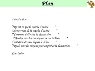 Plan
Introduction
*Qu'est-ce que la couche d'ozone?
*Découvreurs de la couche d’ozone
*Comment s'effectue la destruction?
*Quelles sont les conséquences sur la Terre?
*Évolution de trou depuis le début
*Quels sont les moyens pour empêcher la destruction?
Conclusion
 