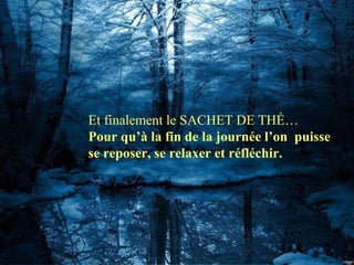 Et finalement le SACHET DE THÉ…  Pour qu’à la fin de la journée l’on  puisse se reposer, se relaxer et réfléchir.  