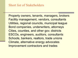Short list of Stak e holders Property owners, tenants, managers, brokers Facility management, vendors, consultants Utilities, regional councils, municipal league Bond companies, underwriters, attorneys Cities, counties, and other gov. districts ESCOs, engineers, auditors, consultants Schools, bankers, realtors, trade unions Climate, alternative energy advocates Improvement contractors and trades 