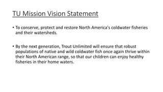 TU Mission Vision Statement
• To conserve, protect and restore North America's coldwater fisheries
and their watersheds.
• By the next generation, Trout Unlimited will ensure that robust
populations of native and wild coldwater fish once again thrive within
their North American range, so that our children can enjoy healthy
fisheries in their home waters.
 