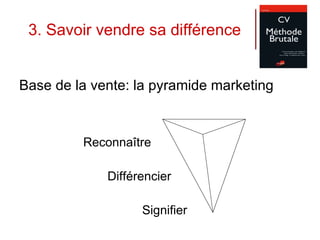 3. Savoir vendre sa différence Base de la vente: la pyramide marketing Reconnaître Différencier Signifier 